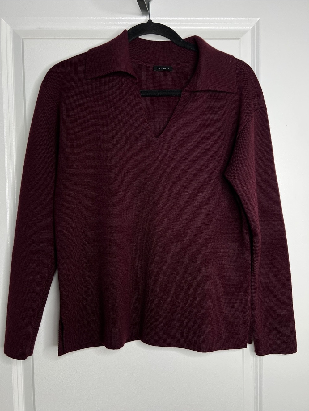Talbots Maroon Wool Blend V-Neck Polo Pullover Sweater Medium